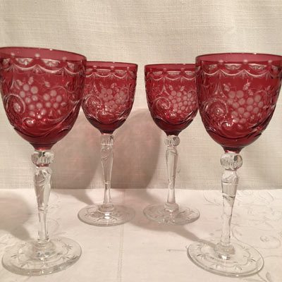 4 Antique Wine Glasses, Vintage Pressed Glass Square Stem Wine